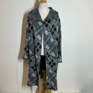 JOSEPH A. Long Plaid Blue Open Front Soft Cardigan Sz L